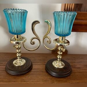Pair of Wood & brass candle holder/wall sconces with blue votive cups